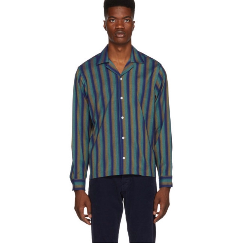 Saturdays New York City Marco Frequency Shirt Striped Pattern Open Collar Large